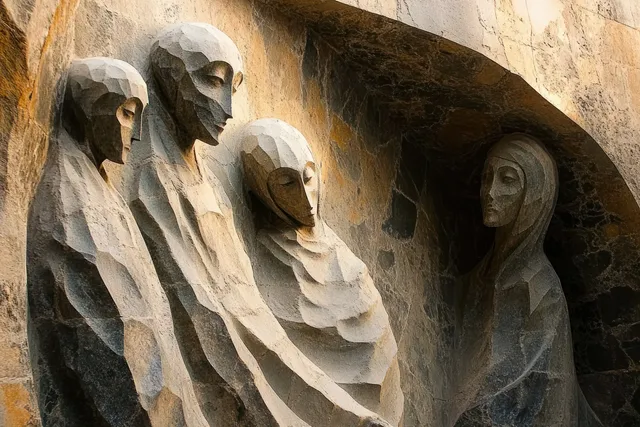Four cloaked solemn stone relief figures carved into a textured wall under warm, soft light.