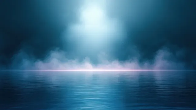 Ethereal blue mist over reflective lake with horizon glow and dramatic lighting