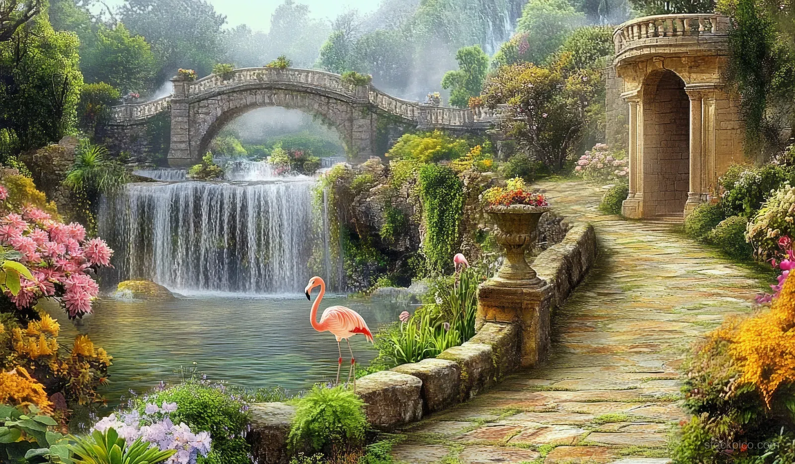 Flamingos stand beside a pond while waterfalls flow over stone ledges in a misty garden with a bridge.