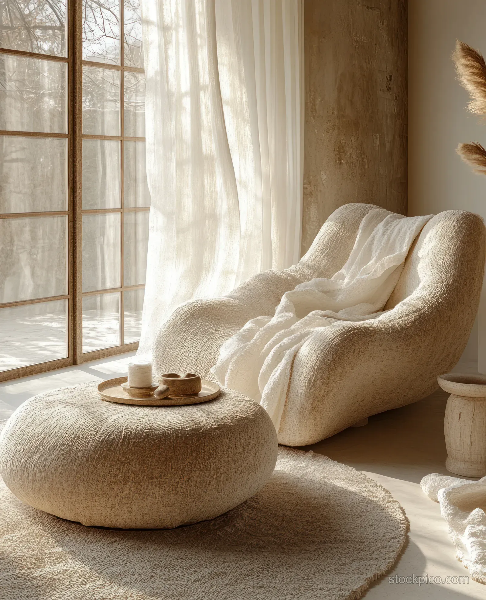 Beige armchair and round ottoman positioned near a sunlit window behind sheer curtains in a minimalist living room.