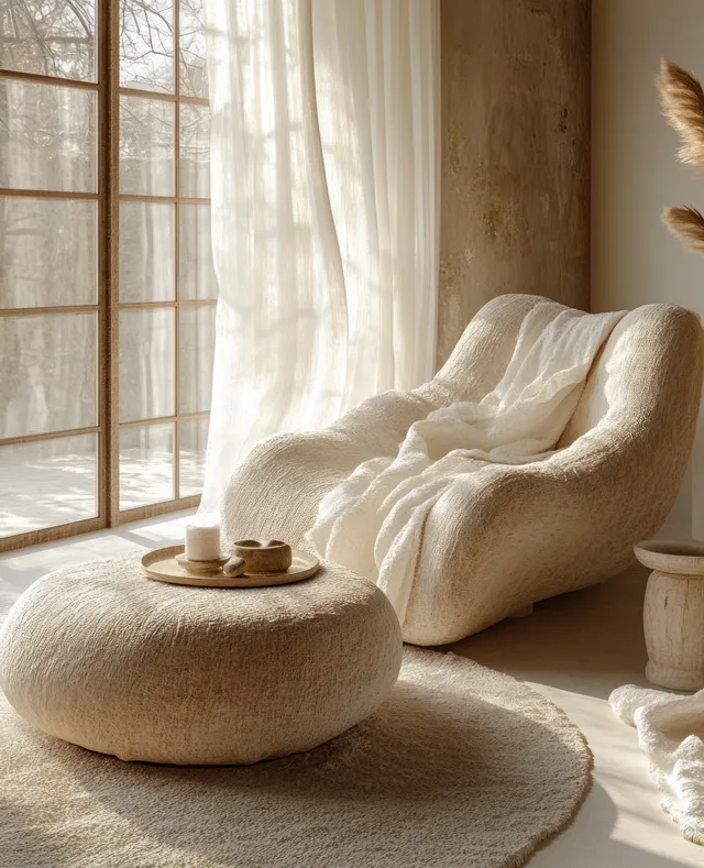 Beige armchair and round ottoman positioned near a sunlit window behind sheer curtains in a minimalist living room.