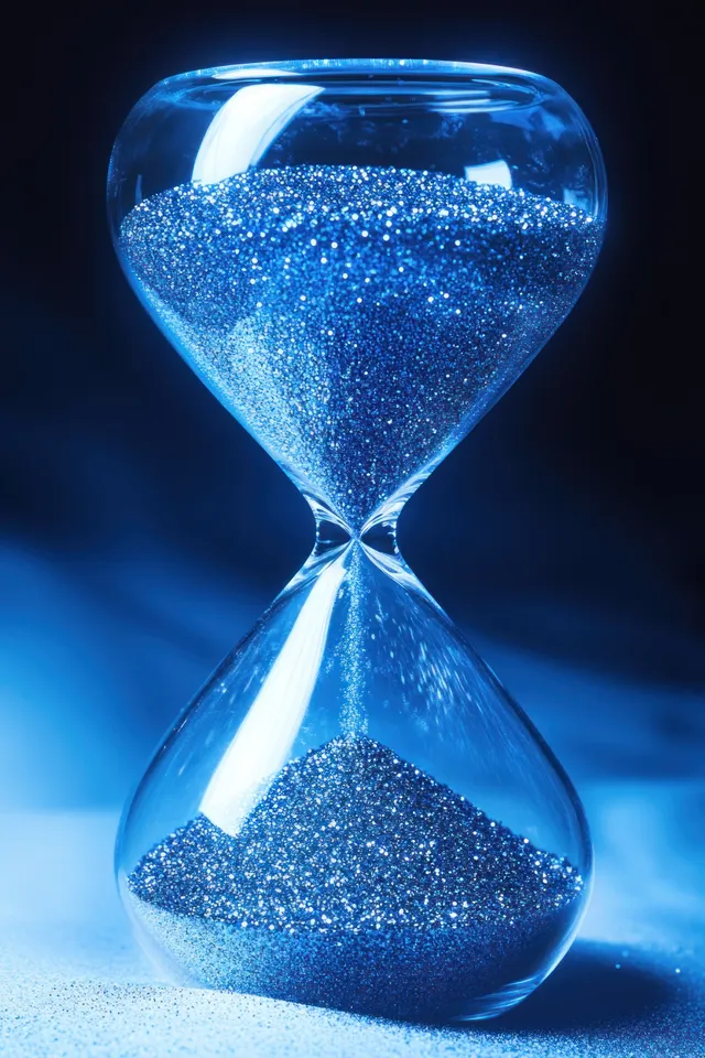 An hourglass with sparkling blue sand flowing through its narrow middle on a dark blue background.