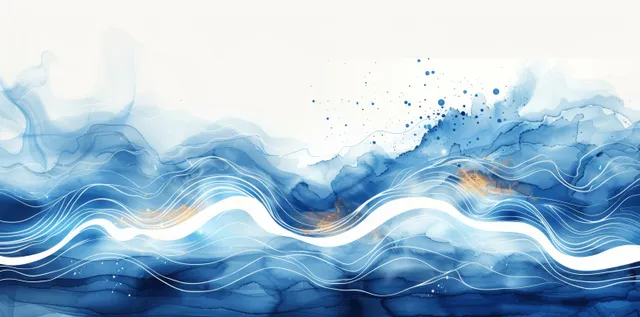 Blue and white abstract ocean waves with layered ripples and ink splash details across a horizon.