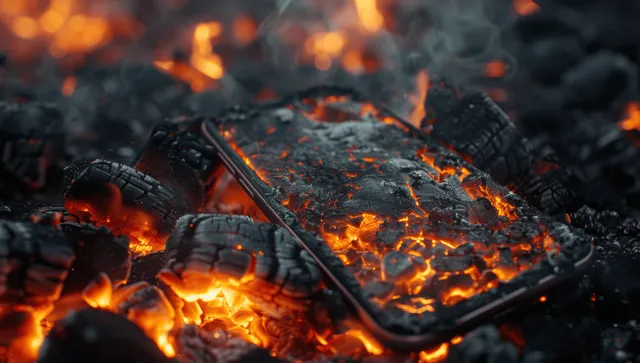 Overheated smartphone on burning coals with glowing embers and cracked screen with Lithium Battery Risk