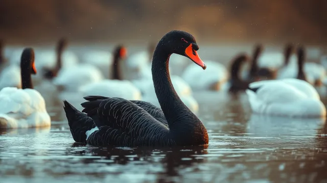 Black swan swims in a calm lake with white swans behind, orange beak visible and reflections on the water.