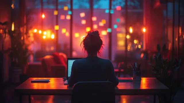 Person working late on a laptop at a desk in a dim office with glowing city lights and notes.
