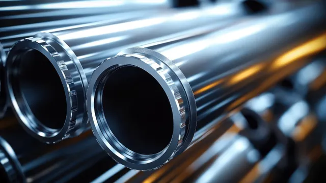 Parallel metallic pipes with reflective chrome openings in a blurred industrial workshop background.