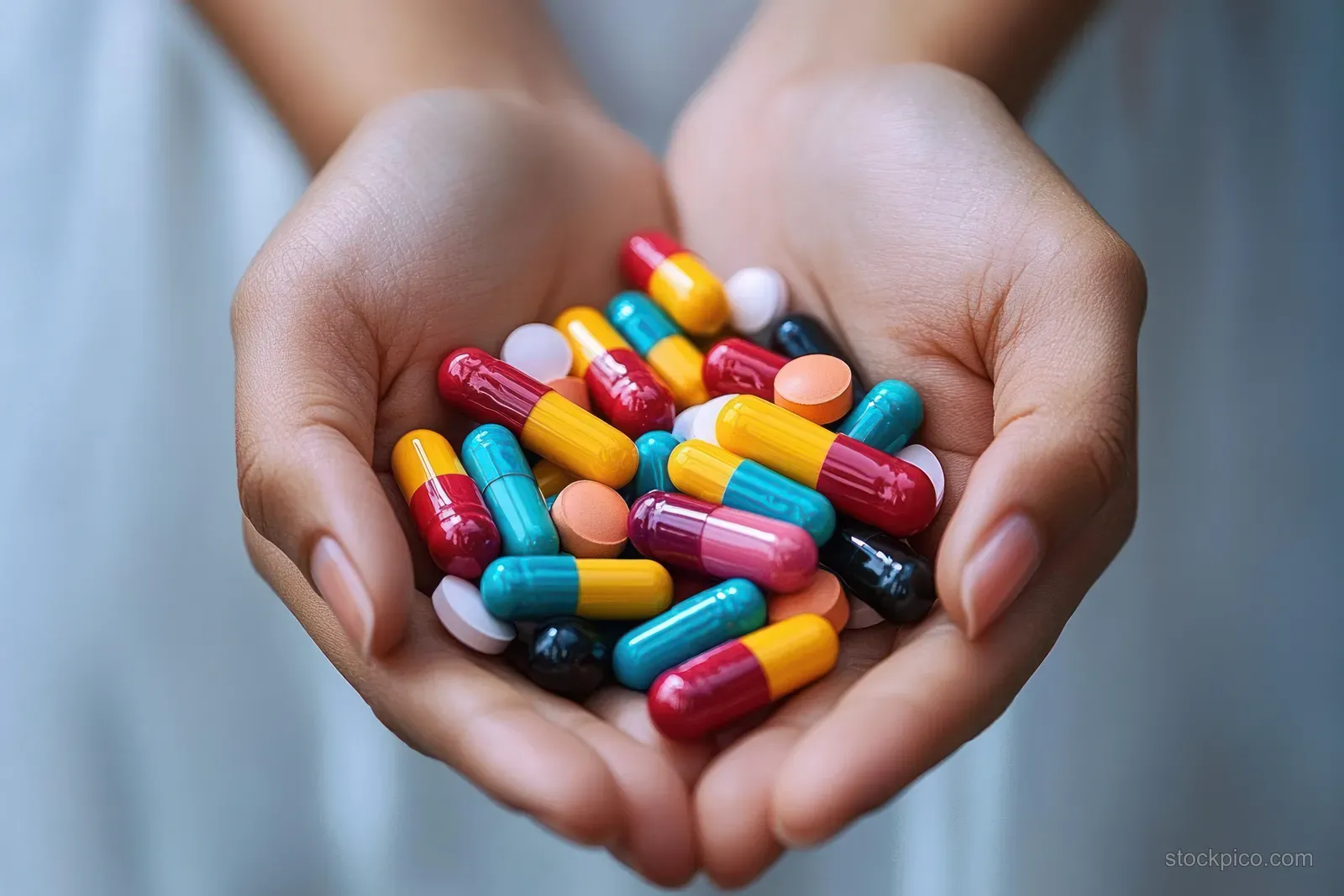 Hands holding a handful of colorful capsules and round pills against a soft medical background.