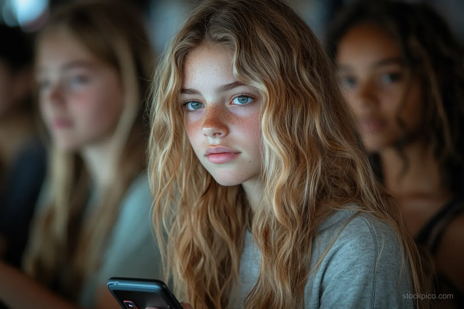 A schoolgirl looks at her smartphone while sitting in a classroom during break, with blurred classmates behind her.