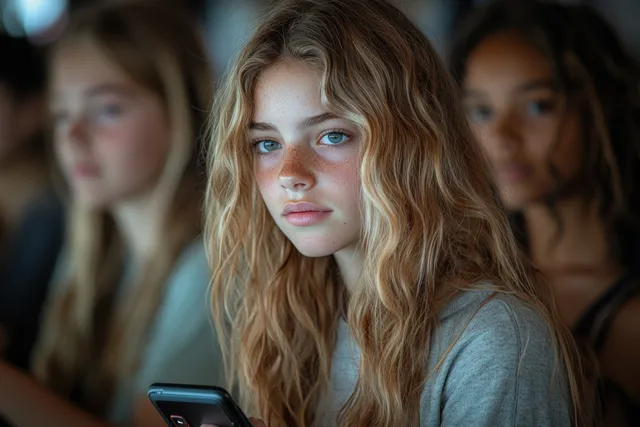 Focused schoolgirl checks a smartphone during classroom break with soft bokeh light