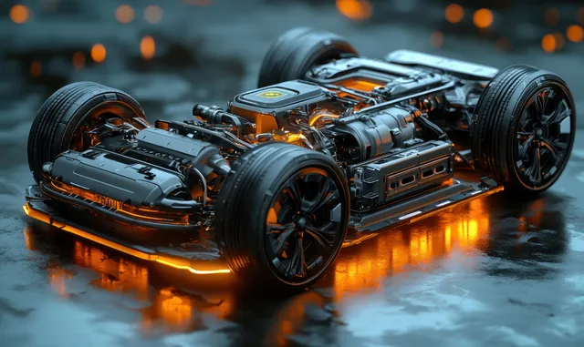 Cutaway view of an electric car chassis with glowing battery modules and drivetrain components on a wet reflective floor.