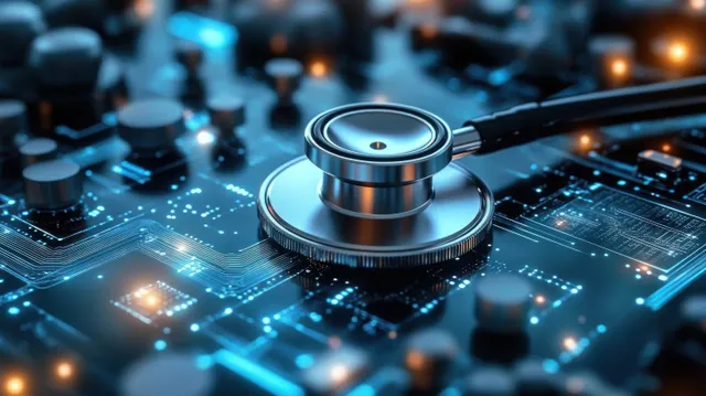 Stethoscope on glowing circuit board medical panel with futuristic digital diagnostic display