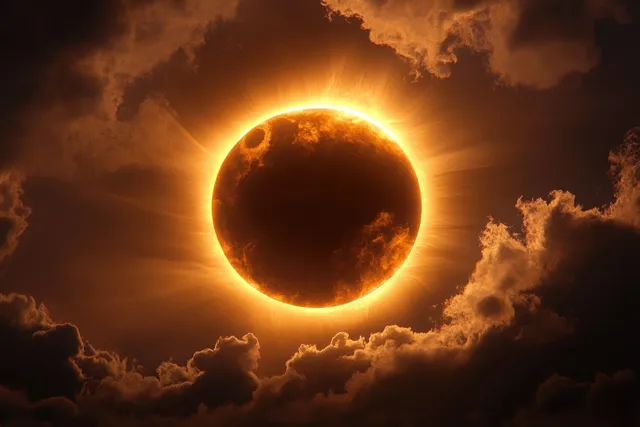 A glowing golden corona ring of a solar eclipse surrounds the dark moon while storm clouds and sunlight beams fill the sky.