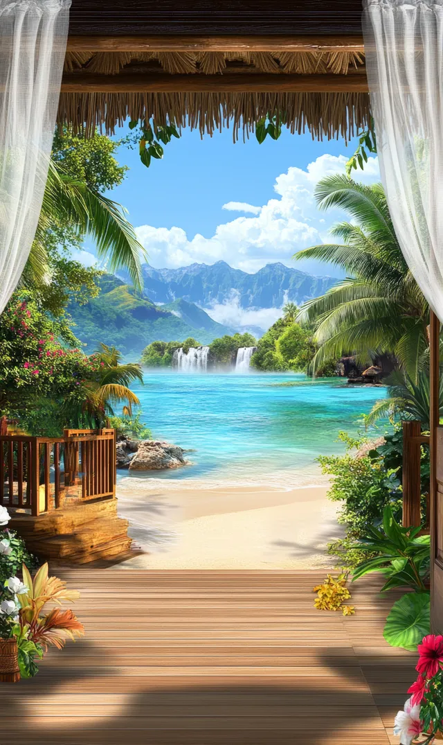 Tropical waterfall scene viewed from a wooden deck with lush jungle greenery