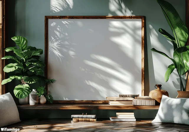 Wooden-framed blank poster hangs in a sunny living room with books, plants, and textured furniture.