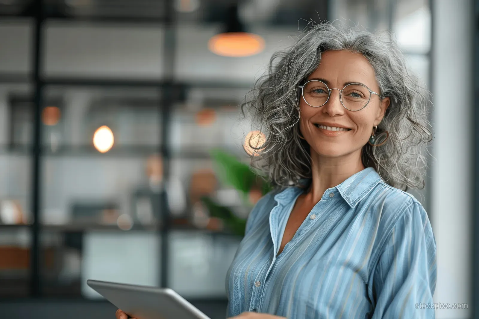 Smiling senior businesswoman with gray hair holding a tablet in a modern office lobby.