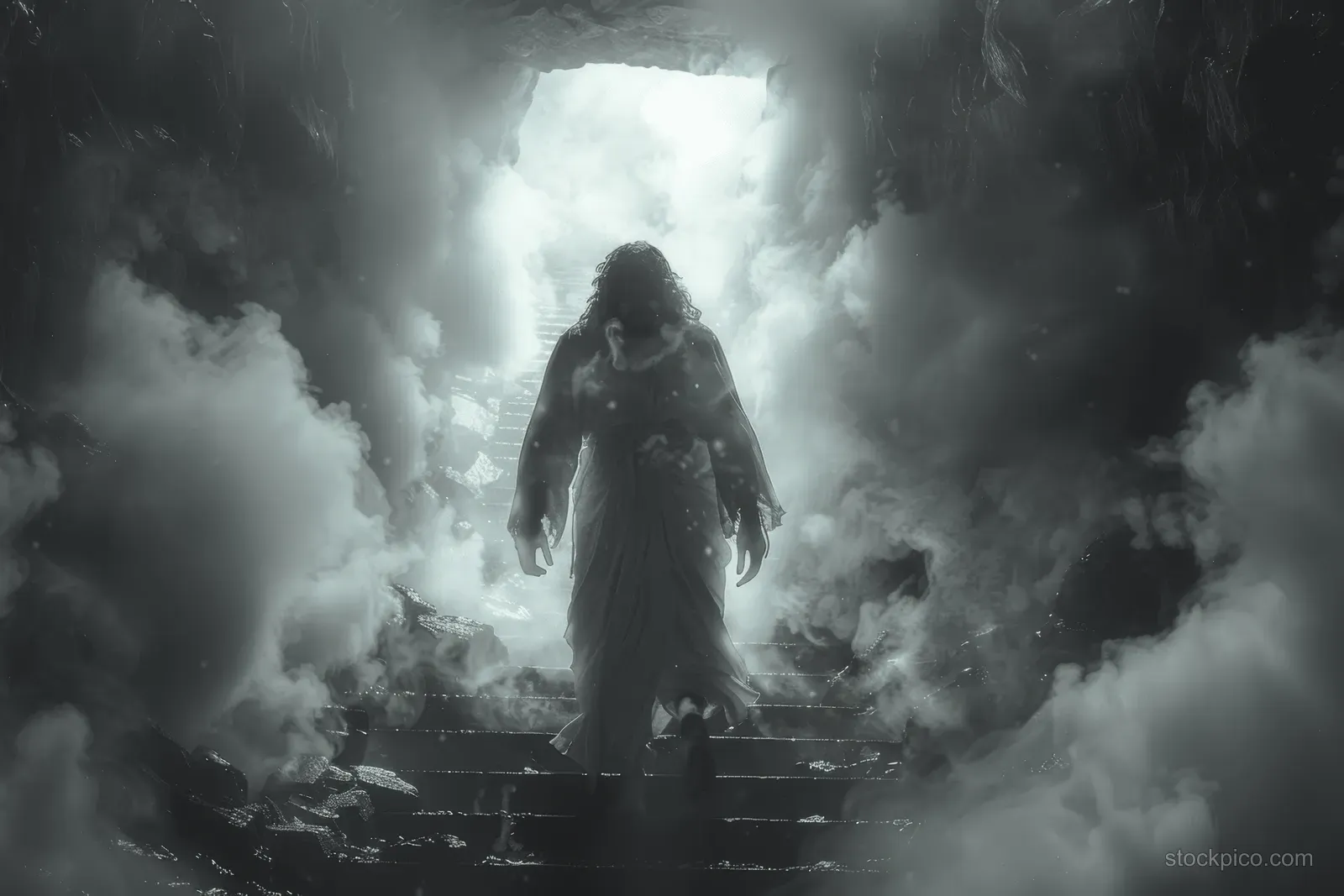 Jesus in a long robe walks down tomb stairs while mist and clouds swirl around an open entrance behind him.