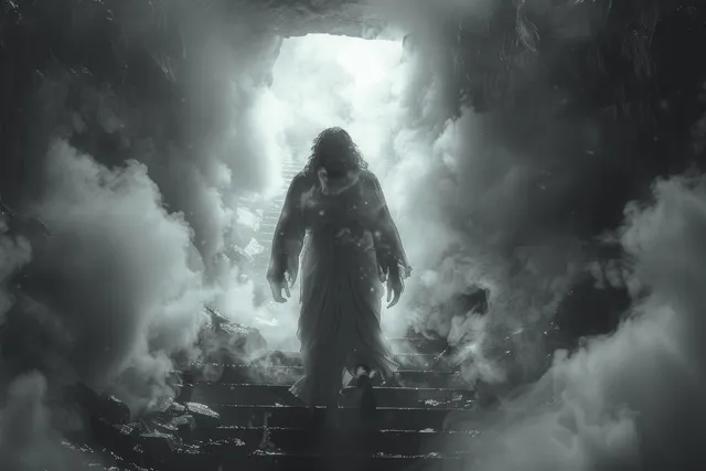 Jesus walking down tomb stairs with open doorway behind him amid swirling mist