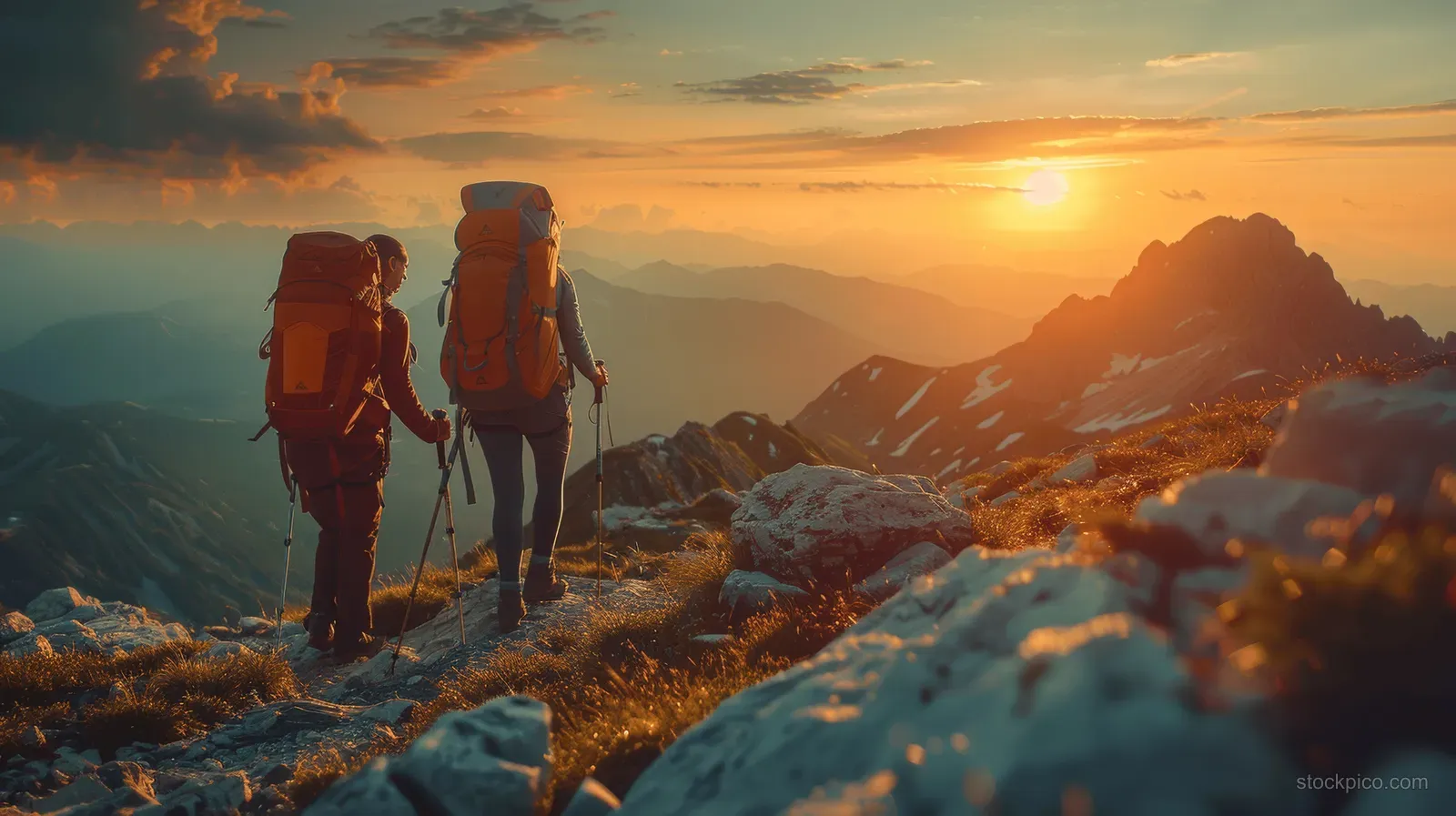 Two hikers help each other on a rocky mountain ridge at sunrise with the sun glowing behind distant peaks.