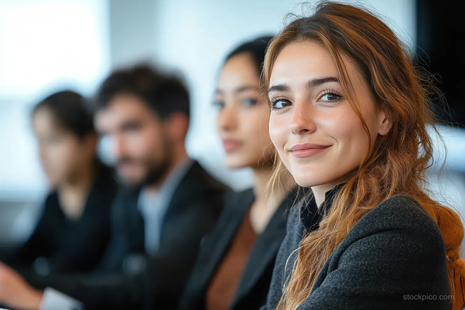 Young woman attentively listens at a business seminar while blurred participants sit behind her in a bright office room.