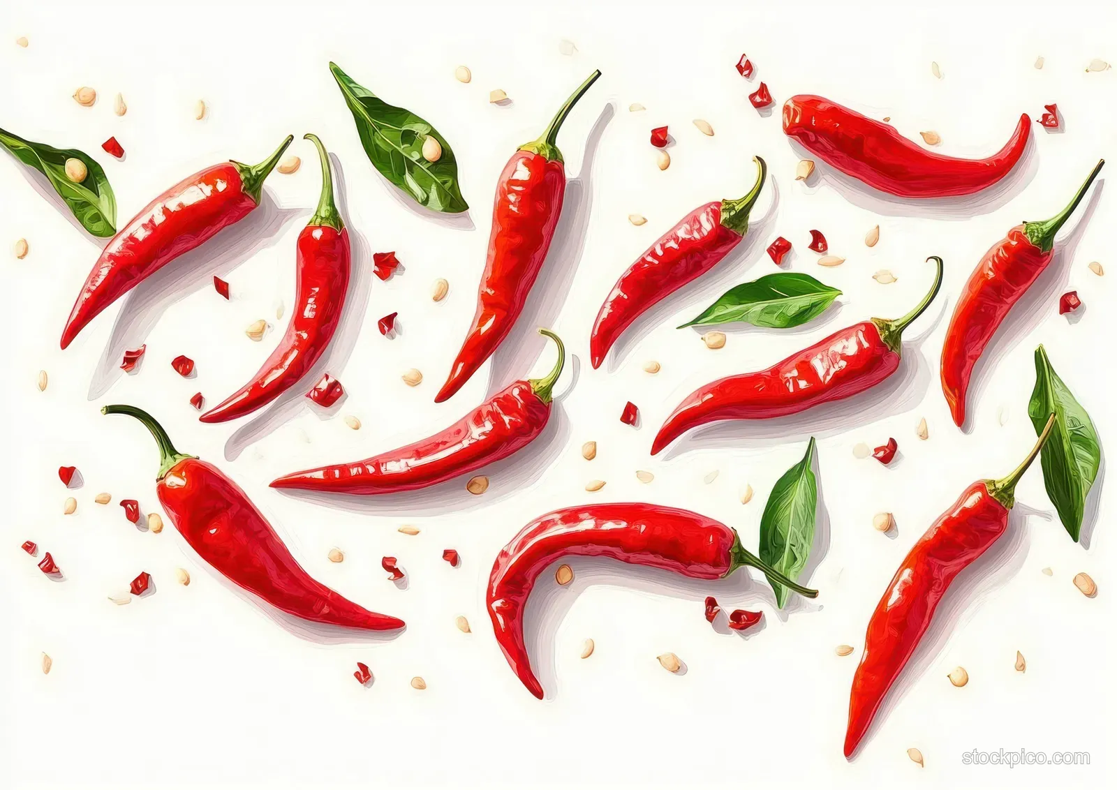 Red chili peppers, green leaves, and chili seeds scattered on a white background.