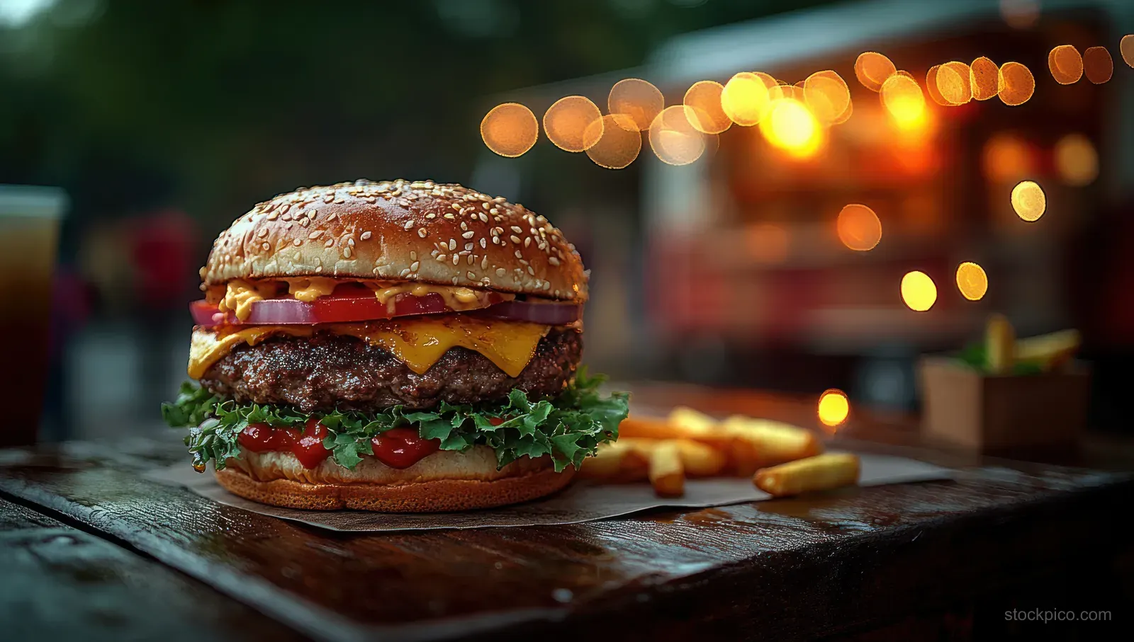 A gourmet burger on a rustic wooden table, surrounded by warm fairy lights and blurred city festival stalls.