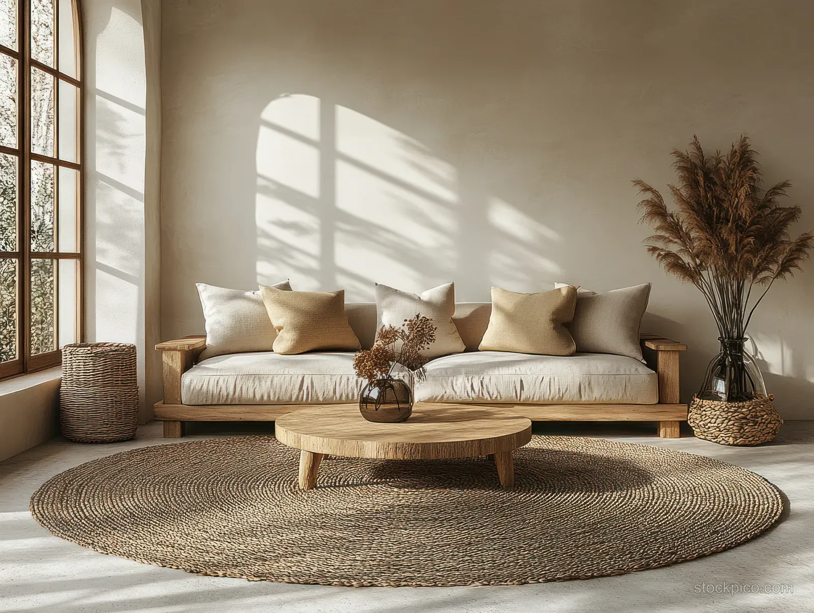 Beige sofa with pillows sits on a light floor beside a circular jute rug and dried grass in a ceramic vase.