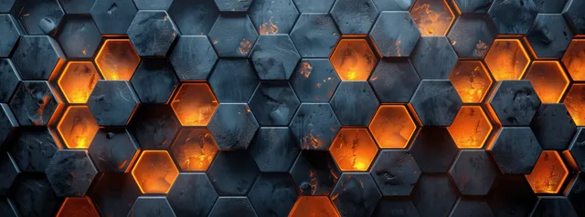Baldosas metálicas 3D hexagonales naranjas brillantes crean una pared oscura futurista con sombras profundas de rejilla.