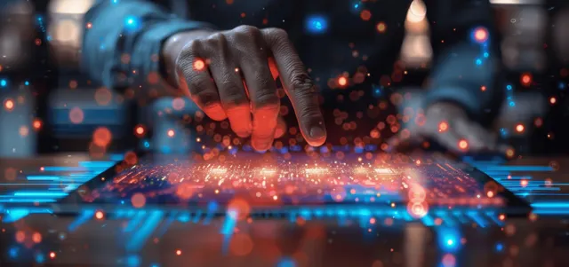 Gloved hands typing on holographic document interface with glowing network icons