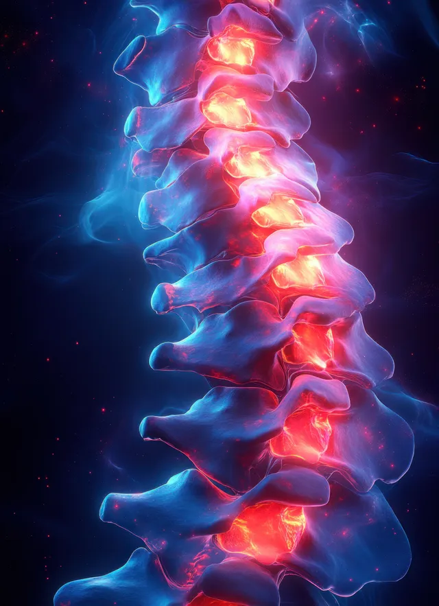 Glowing 3D spine model showing cervical and sacral injury with neon X-ray highlights