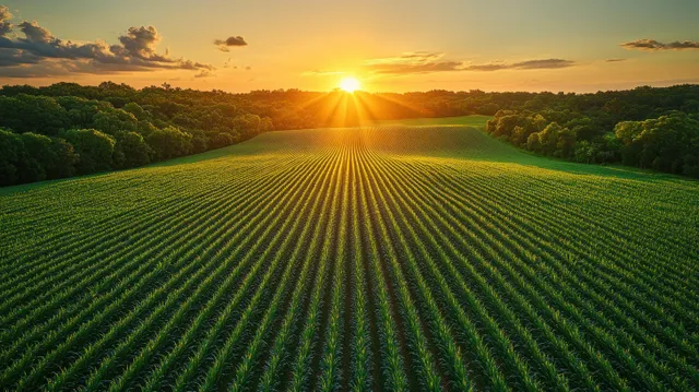 La luz del atardecer se extiende sobre hileras verdes de caña de azúcar que cruzan un campo rural.