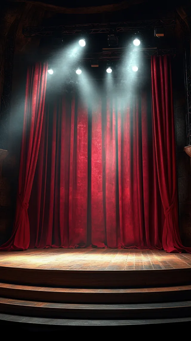 Empty theater stage with red velvet curtains and white spotlight beams illuminating a wooden floor.