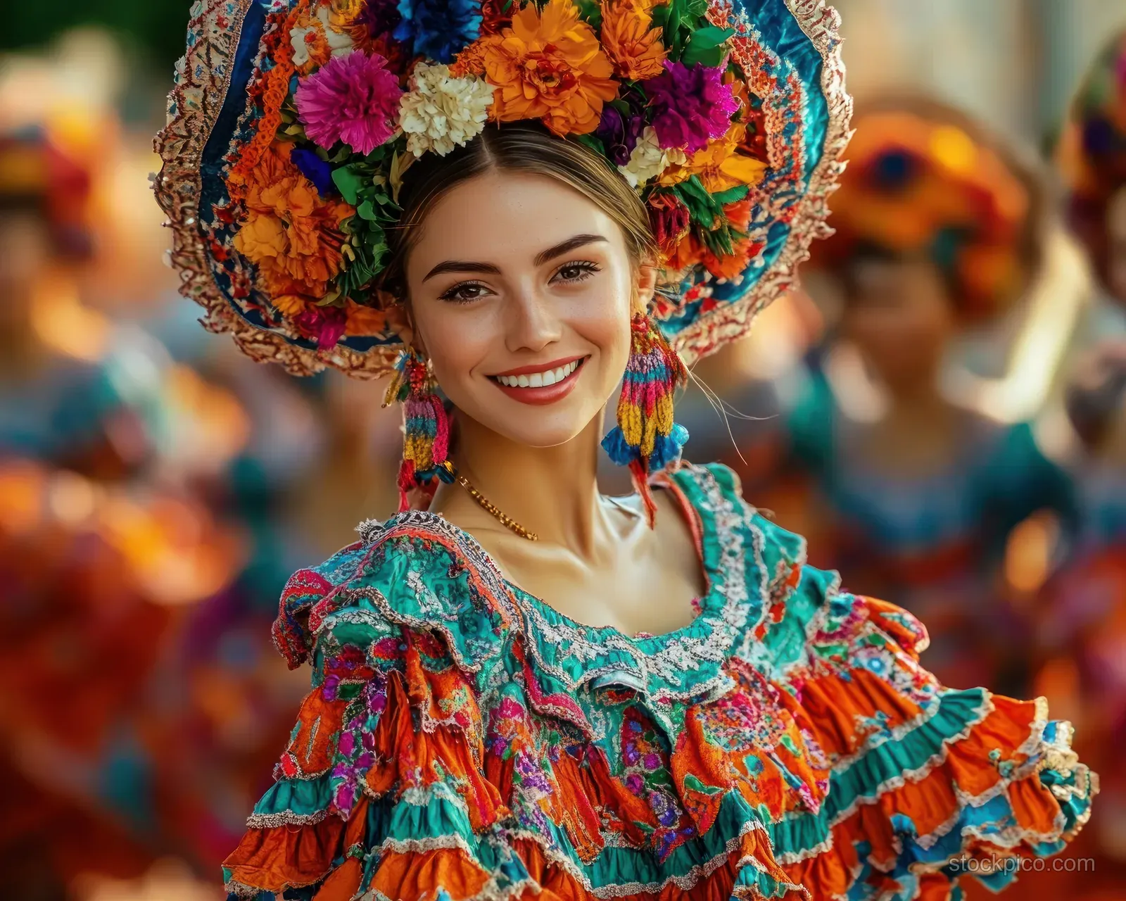 Smiling young woman wearing a vibrant ruffled folk dress and ornate floral headdress during a festive cultural parade.