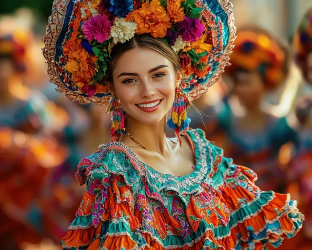 Smiling young woman wearing a vibrant ruffled folk dress and ornate floral headdress during a festive cultural parade.