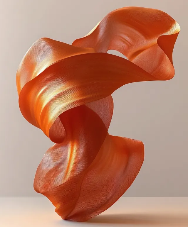 Floating orange silk ribbon sculpture curling through empty minimalist space