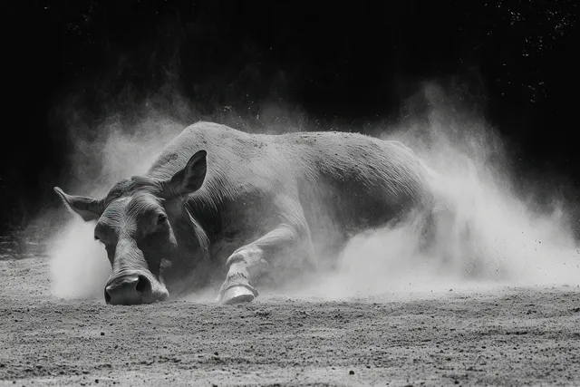 Horse rolling in dust bath on sunny Texas farm, kicking up a dusty cloud