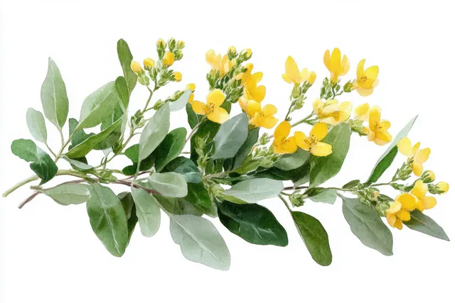 Botanical branch of wormwood with small yellow flower clusters and green leaves illustrated on a white background.