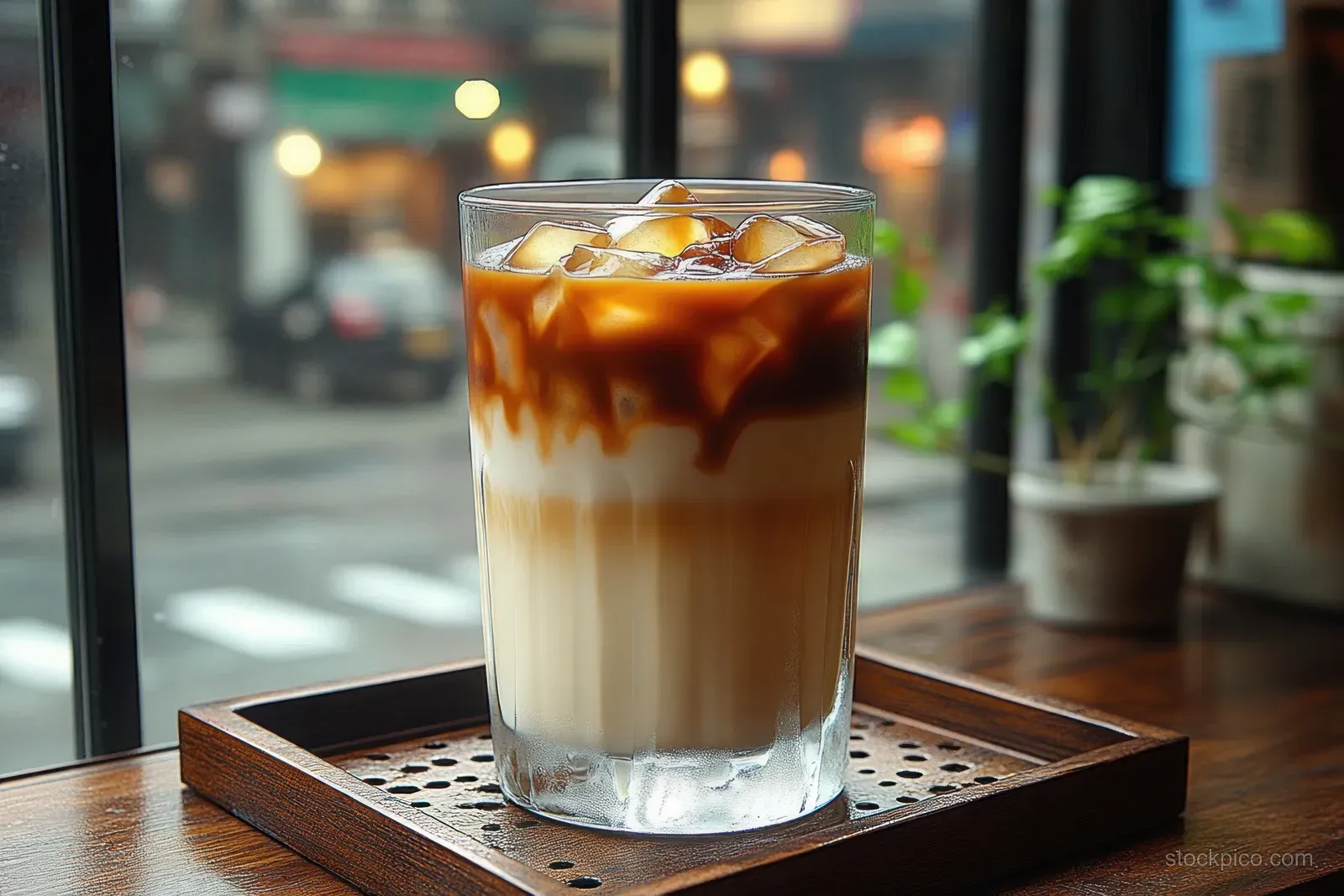 A glass of iced coffee with milk and ice on a wooden tray by a window with blurred street greenery.