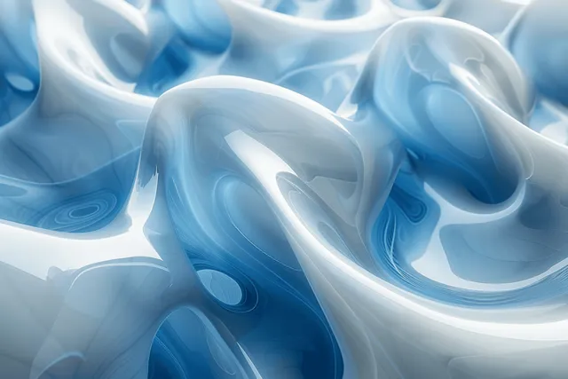 Abstract blue and white 3D geometric waves with glossy light reflections on minimal backdrop
