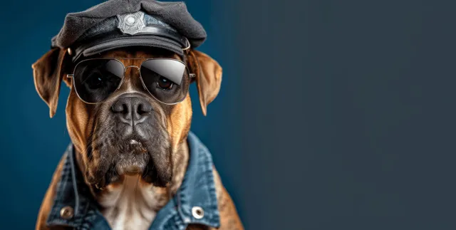 Bullmastiff dog wearing police uniform, sunglasses and hat, portrait against blue backdrop