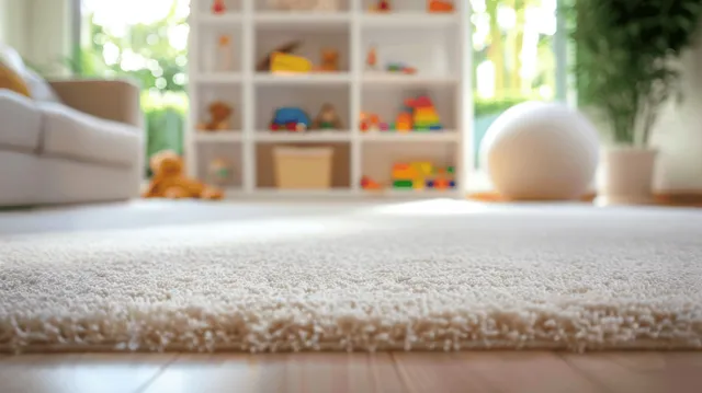 Sunlit playroom floor with white carpet, blurred toy shelves, and soft window light