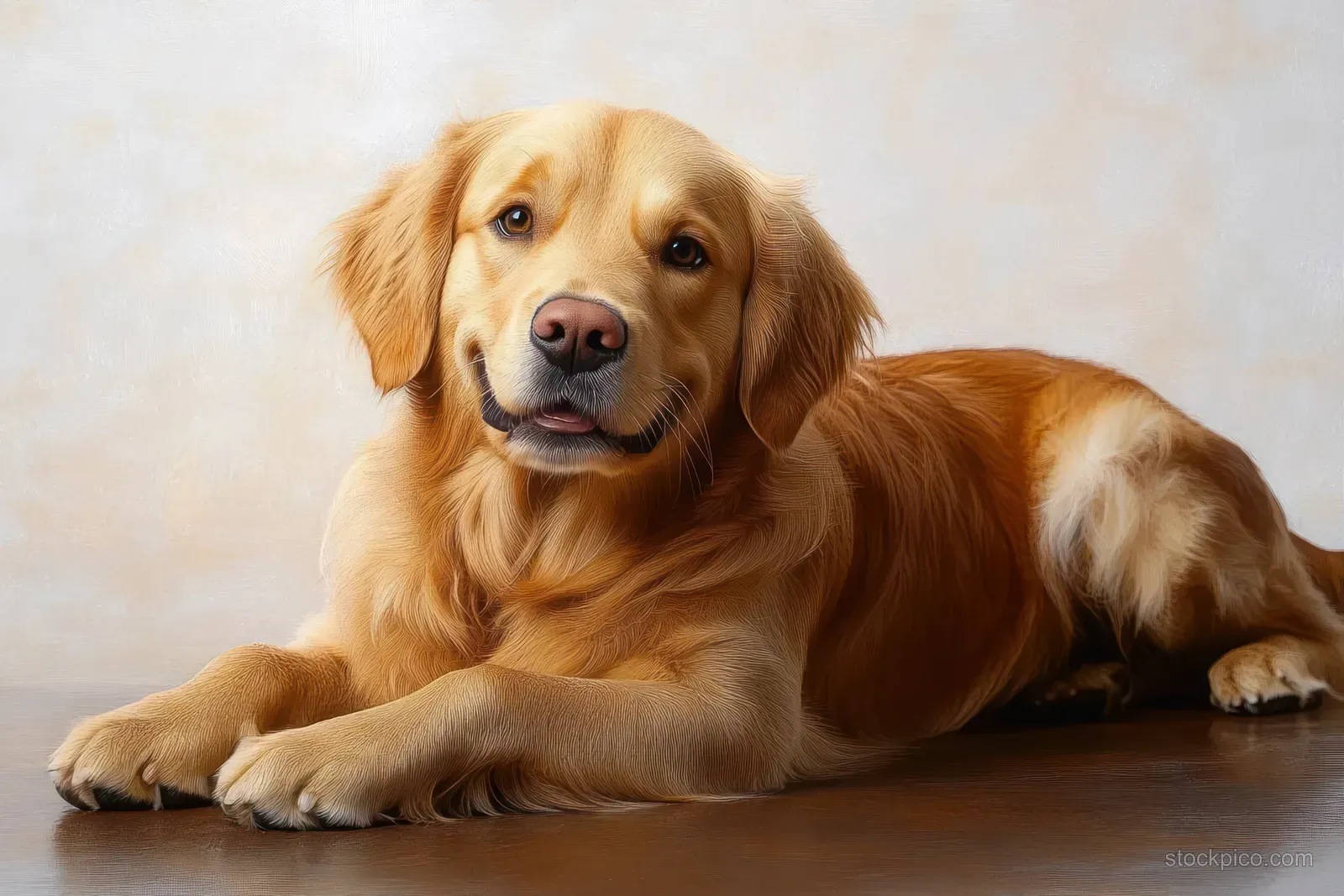 Golden retriever lying on a wooden floor indoors, calmly looking toward the camera.