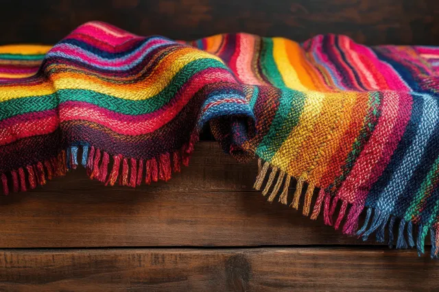 Colorful fringed striped handwoven fabric draped over a rustic wooden surface.