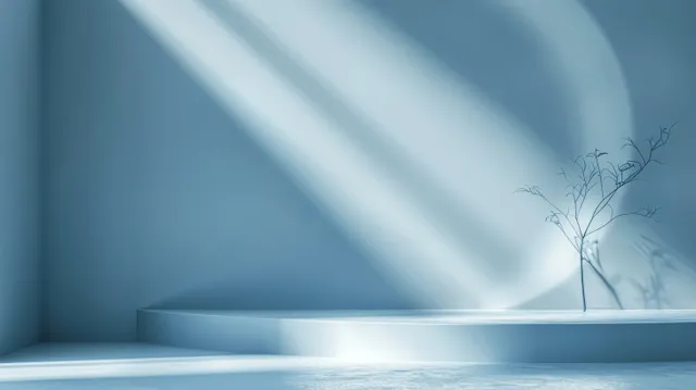 Light blue gradient studio background with soft shadows, shelf, and sunlit beam texture