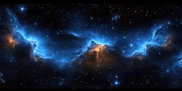 Blue nebula panorama with glowing stars and dark cosmic dust clouds