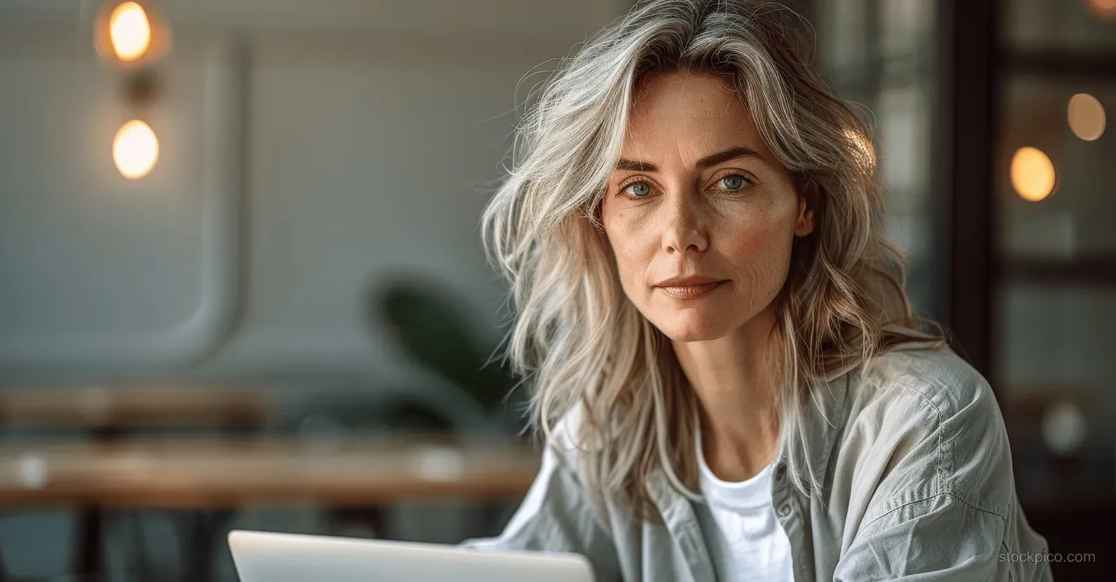 A smiling senior woman with gray hair poses indoors in warm cafe lighting with blurred lights behind her.