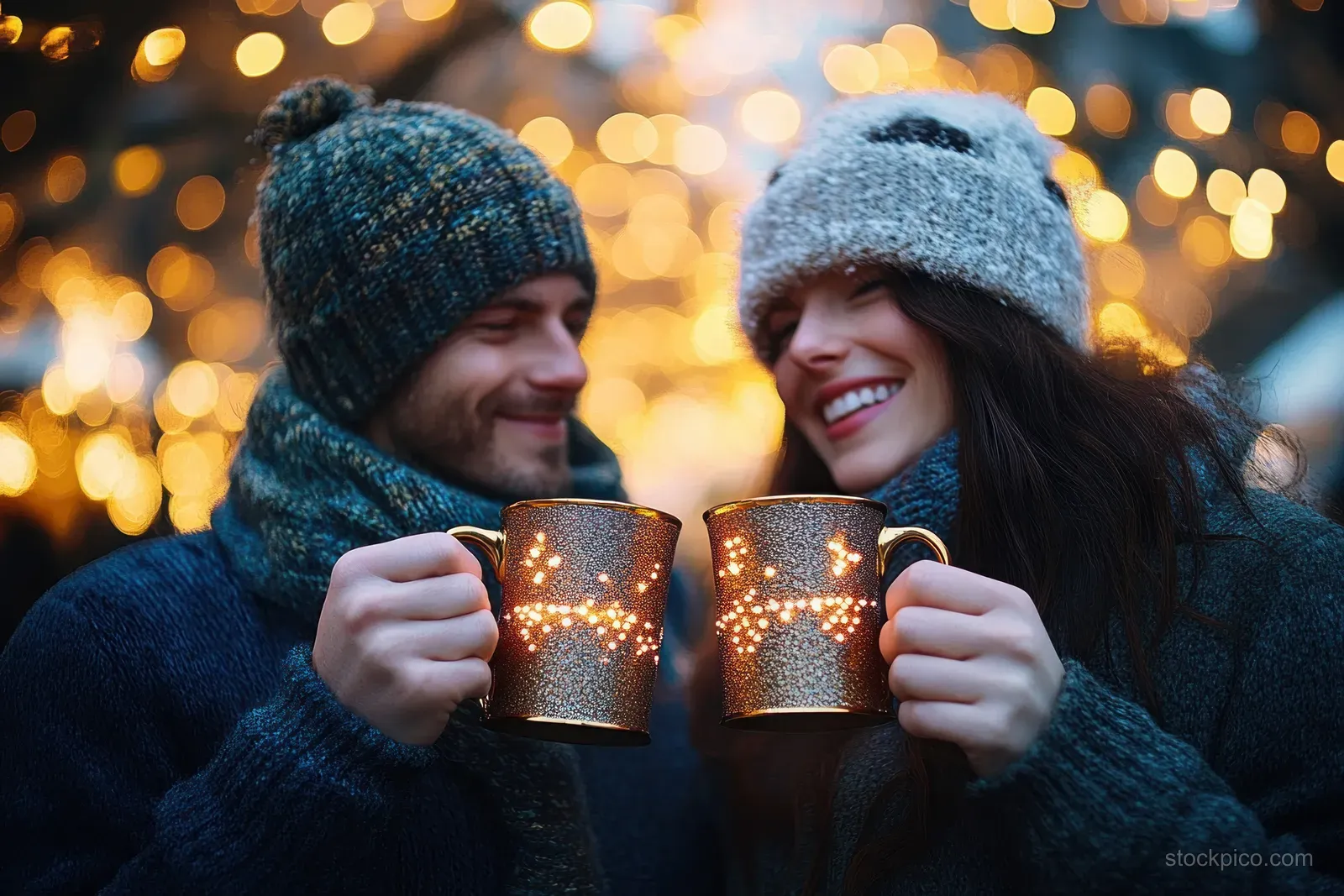 Couple cheers two mugs of mulled wine at a Christmas market with warm golden bokeh lights in winter.