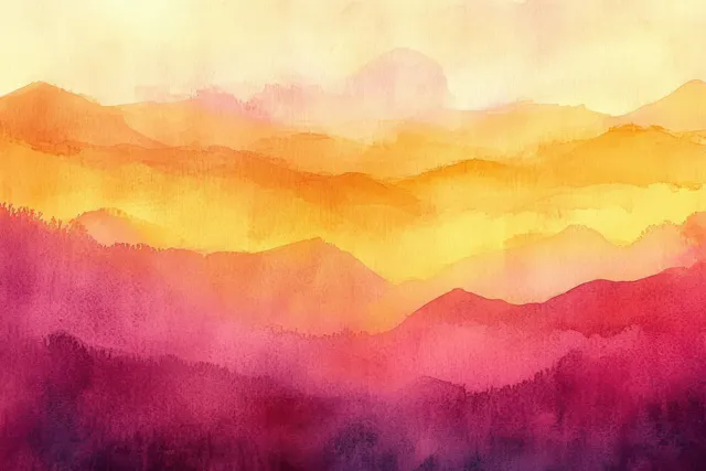 Warm sunset watercolor hills with pink-orange-pink gradients and grunge paper texture