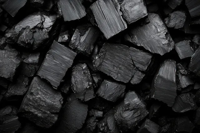 Close-up of irregular black charcoal chunks tightly packed together, showing rough gritty surfaces.