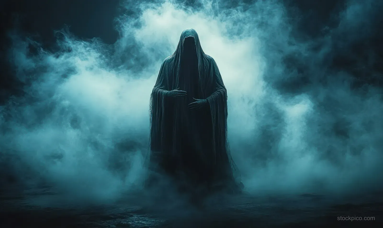 A hooded Grim Reaper silhouette stands in swirling blue fog on a dark, misty ground.